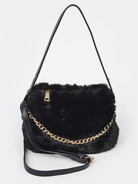 "Foxy" Faux Fur Shoulder Bag (Black)