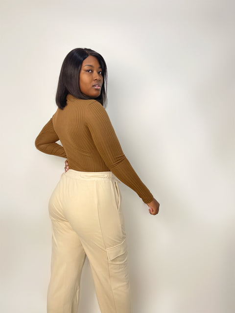 "Ciara" Ribbed Turtle Neck Long Sleeve Bodysuit (Brown)