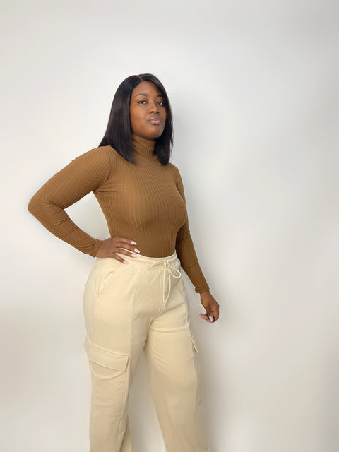 "Ciara" Ribbed Turtle Neck Long Sleeve Bodysuit (Brown)