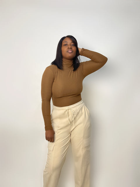 "Ciara" Ribbed Turtle Neck Long Sleeve Bodysuit (Brown)
