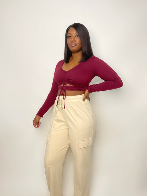 "Lively" Ruched Crop Top (Burgundy)