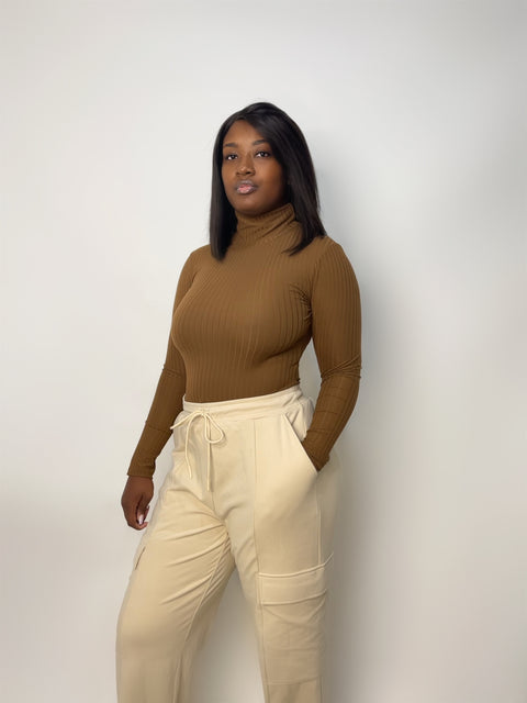 "Ciara" Ribbed Turtle Neck Long Sleeve Bodysuit (Brown)